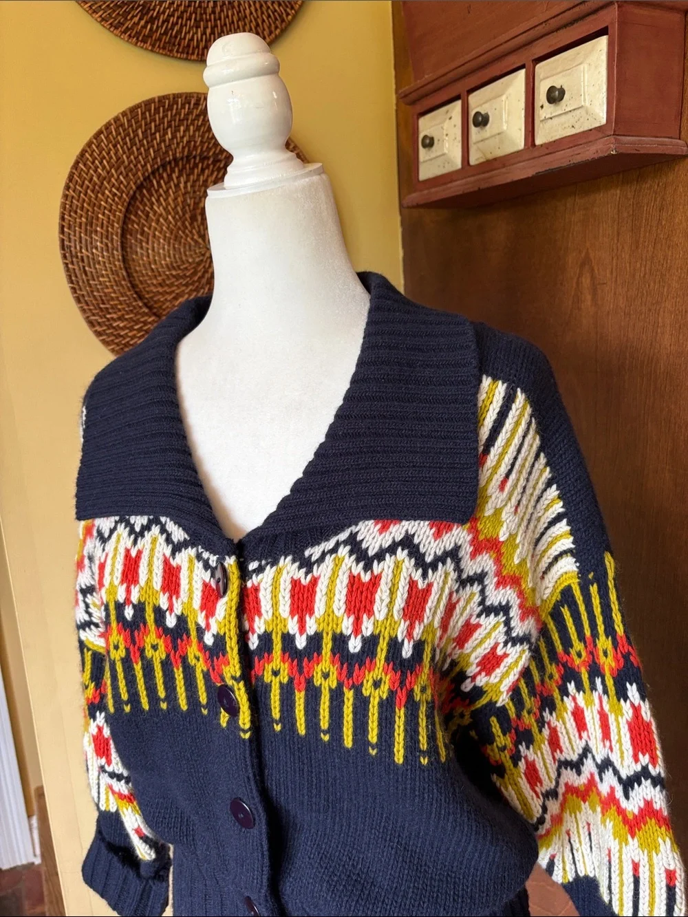 French Connection Navy Wool and Angora Sweater Multicolor Fair Isle Pattern sz M